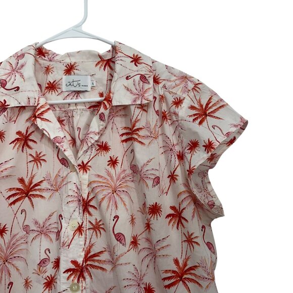 The Cats Pajamas Womens Button-Up Shirt Top SZ Large Flamingos/Palm Tree Print - Picture 10 of 11